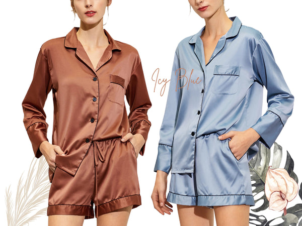 Satin Long Sleeves + Short Pants Bridesmaid Pjs Set, Bridesmaid Pj Set, Bridesmaid Pj Short pants, Bridesmaid Pj Shorts,